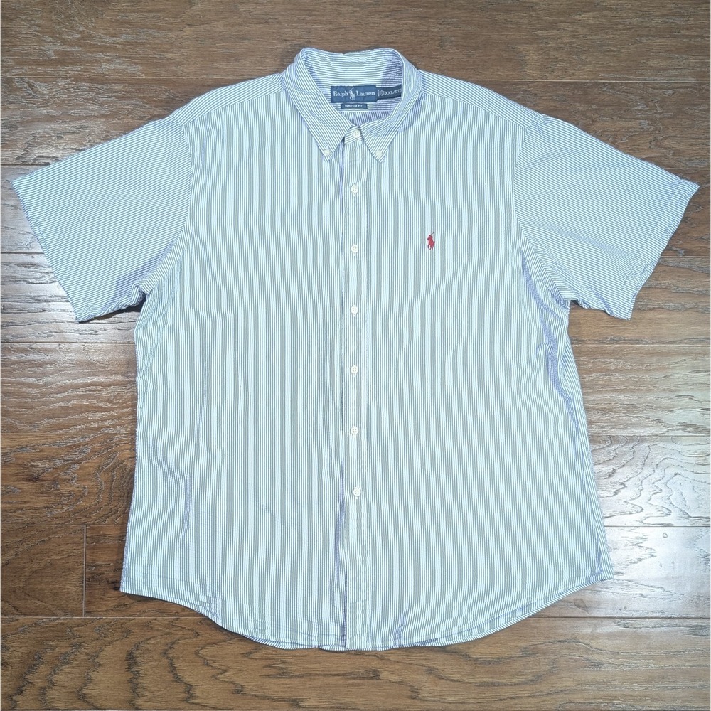 Polo Ralph Lauren Seersucker 2XL 25x31 Short Sleeve Mens Shirt‎ Blue Pin Stripe